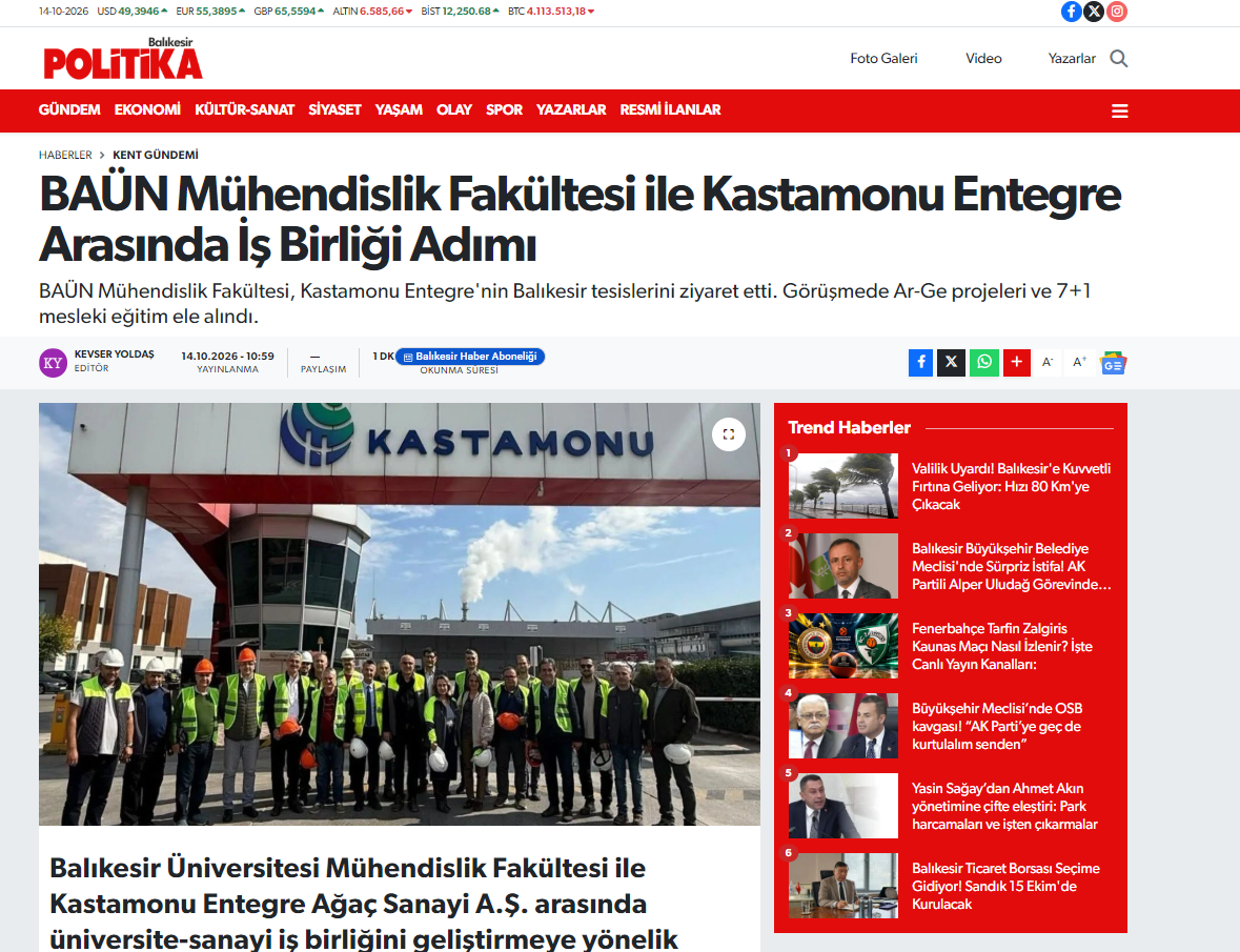 BAÜN Mühendislik Fakültesi ile Kastamonu Entegre Arasında İş Birliği Adımı