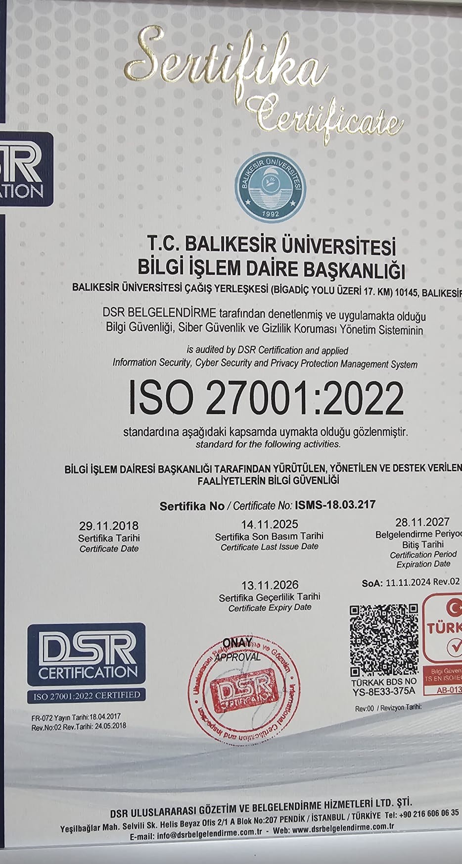ISO/IEC 27001:2022 Sertifikası
