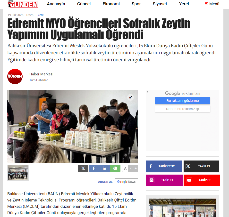 Edremit MYO Öğrencileri Sofralık Zeytin Yapımını Uygulamalı Öğrendi
