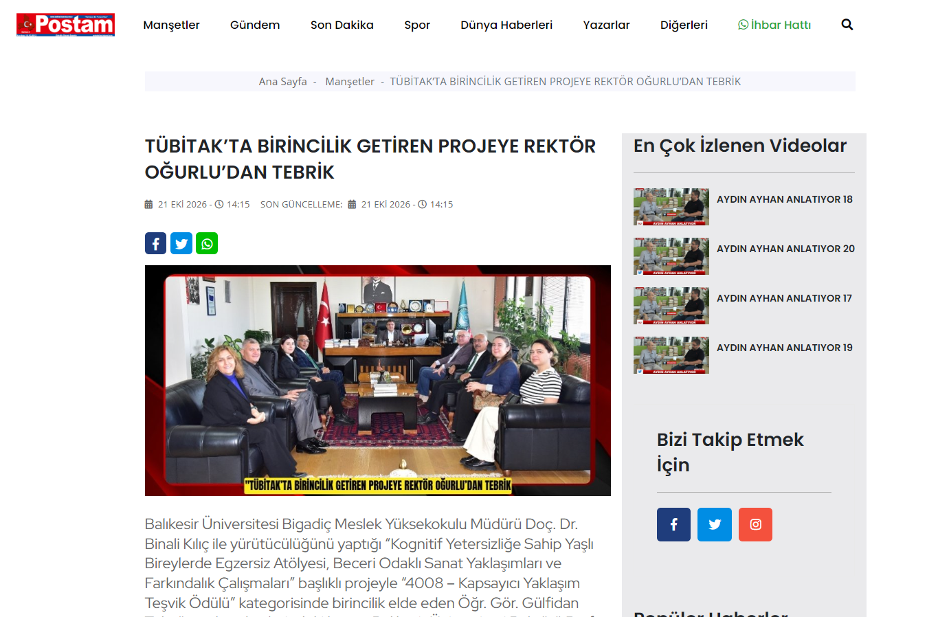 TÜBİTAK’ta Birincilik Getiren Projeye Rektör Oğurlu'dan Tebrik