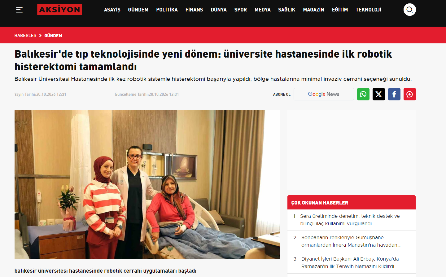 Balıkesir'de tıp teknolojisinde yeni dönem: üniversite hastanesinde ilk robotik histerektomi tamamlandı