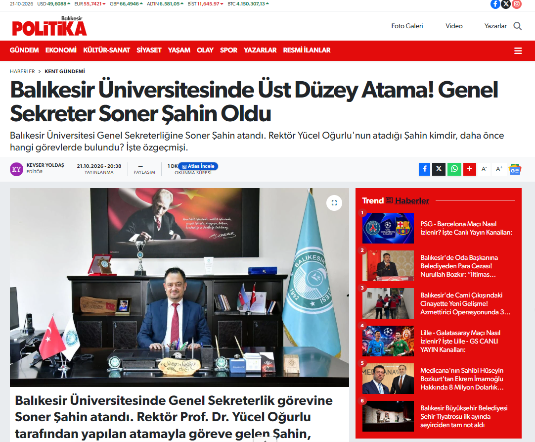Balıkesir Üniversitesinde Üst Düzey Atama! Genel Sekreter Soner Şahin Oldu